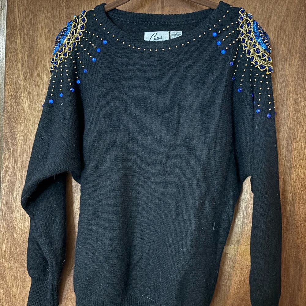 Vintage Black Sweater with Blue and Gold Sequin Accents